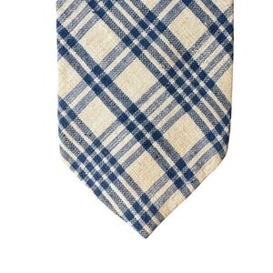 Briar Pride of England Mens Plaid Necktie Navy Blue Tan Linen Blend 56 Inch